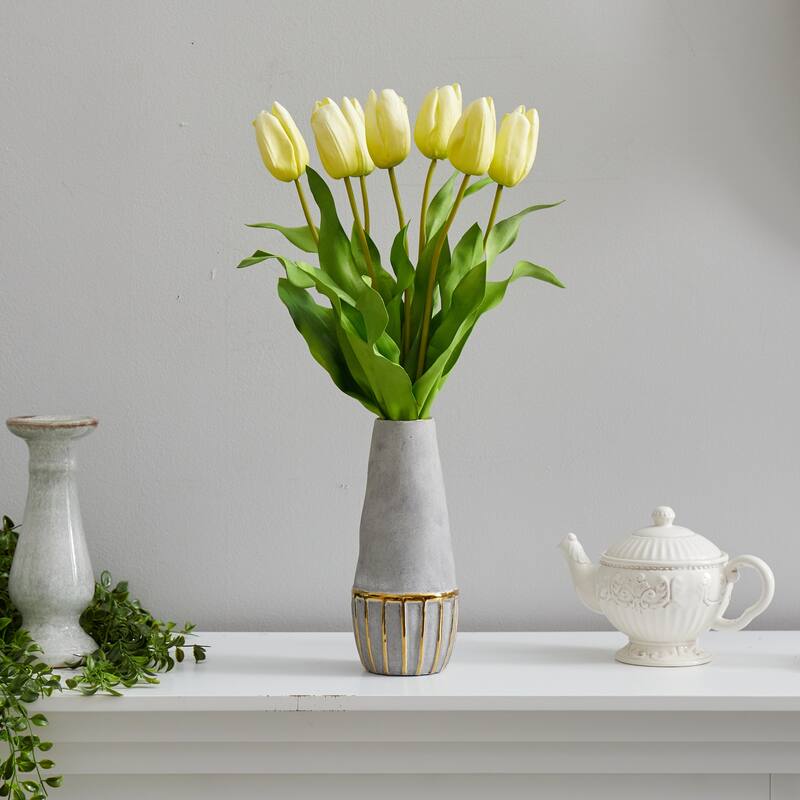22" Dutch Tulip Artificial Arrangement in Stoneware Vase with Gold Trimming 22 Bed Bath